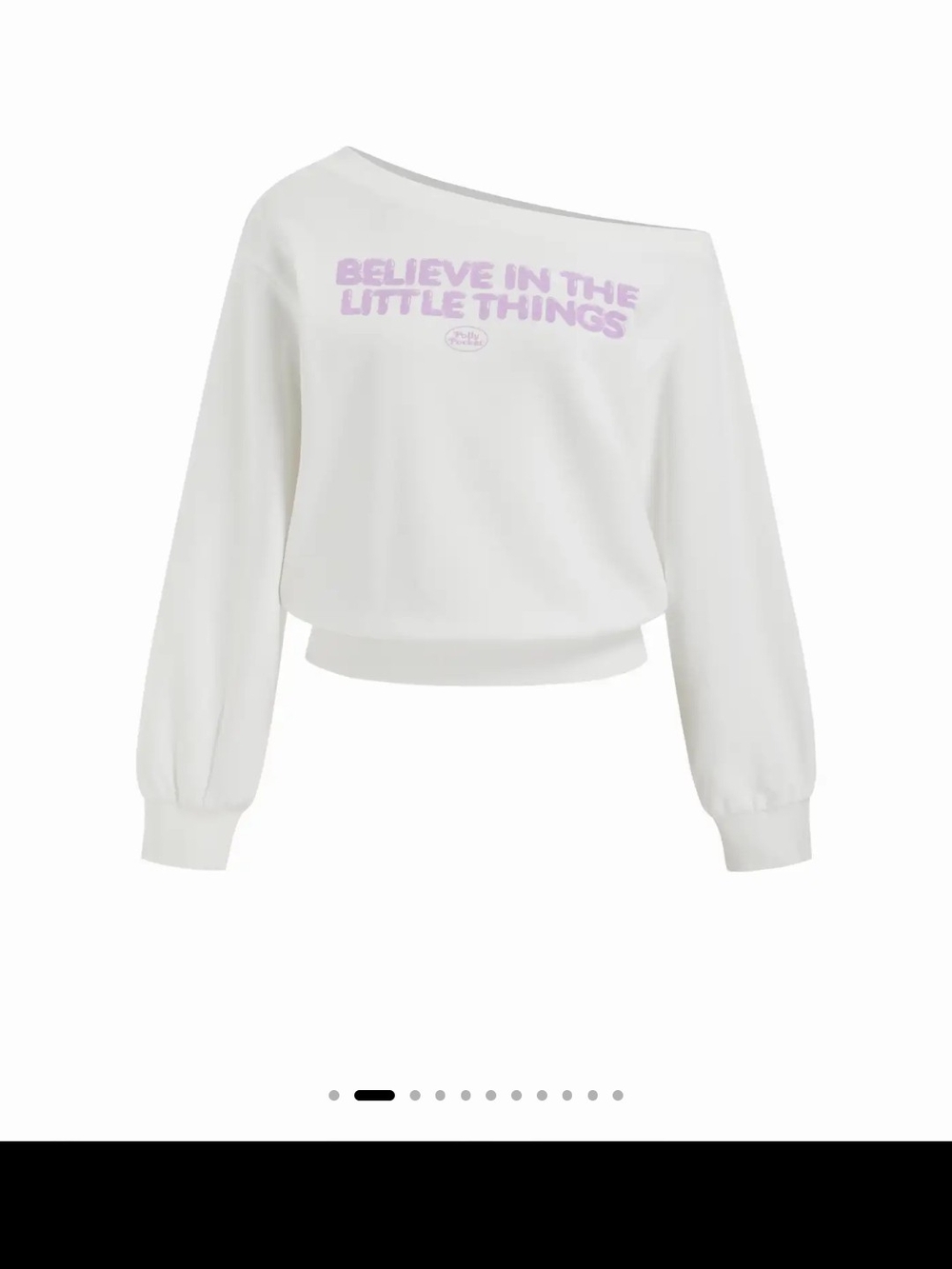 Polly Pocket White Off-Shoulder Sweater with Lavender Script